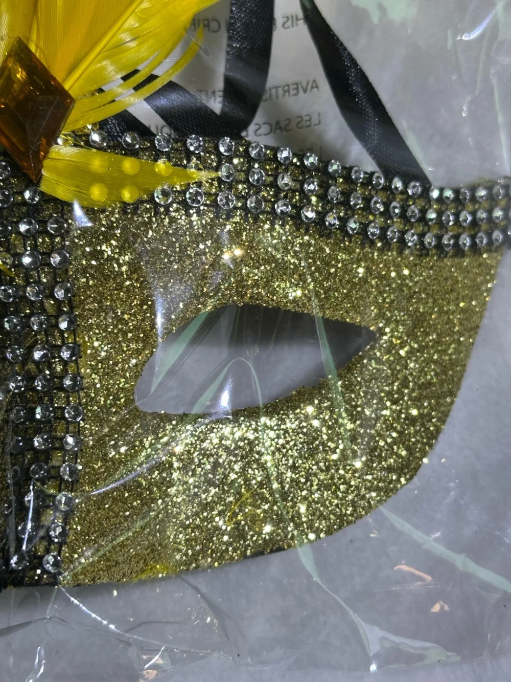 🎭 Gold Glitter Masquerade Mask Yellow Feathers Rhinestones Mardi Gras Costume 🎭
